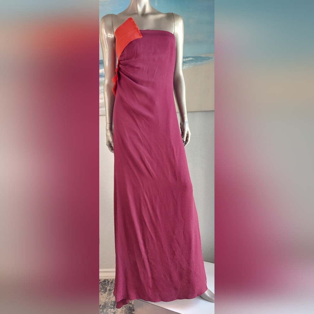 $5,200 CAROLINA HERRERA PURPLE RED COLORBLOCK BOW SILK GOWN US 12 - Picture 3 of 14
